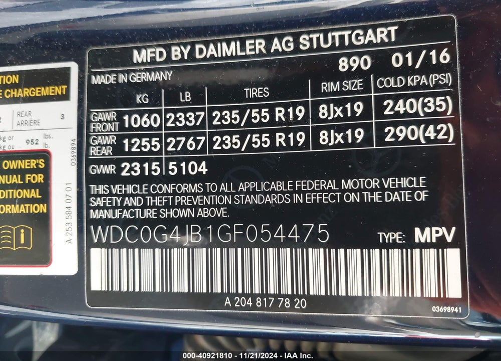 2016 MERCEDES-BENZ GLC 300 VIN: WDC0G4JB1GF054475