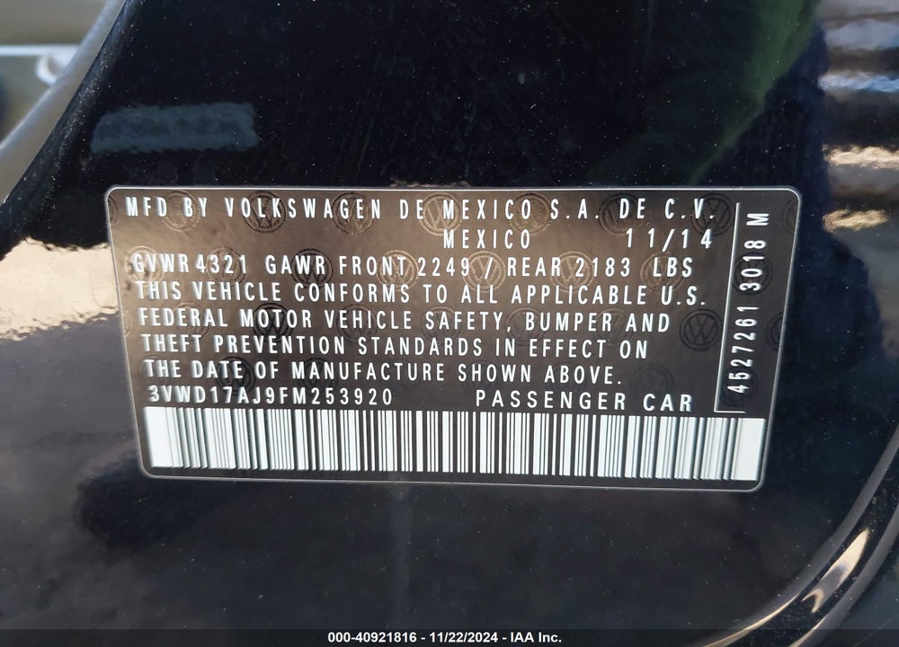 2015 VOLKSWAGEN JETTA 1.8T SE VIN: 3VWD17AJ9FM253920