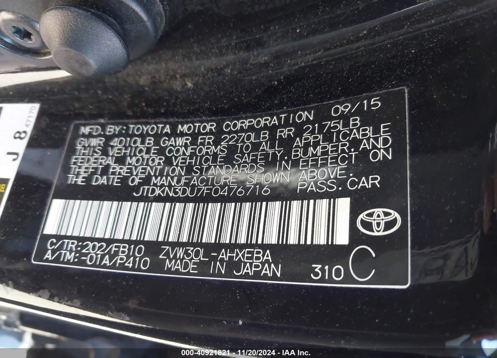 2015 TOYOTA PRIUS VIN: JTDKN3DU7F0476716
