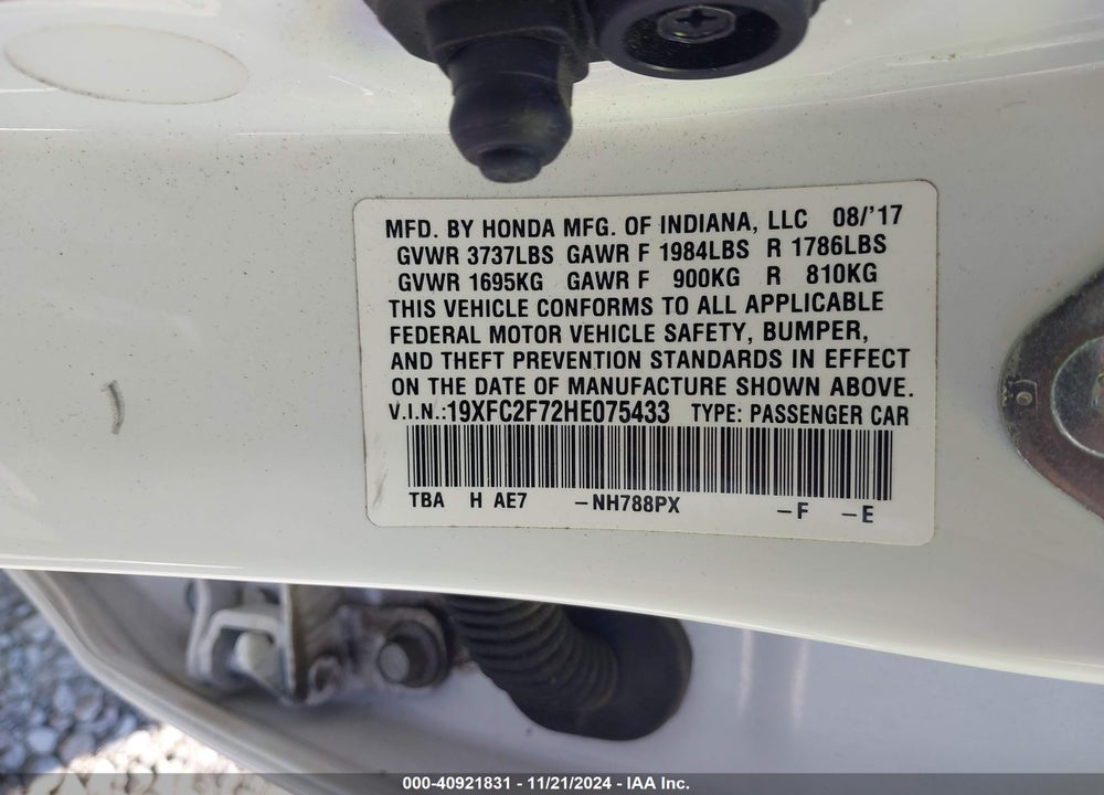 2017 HONDA CIVIC VIN: 19XFC2F72HE075433