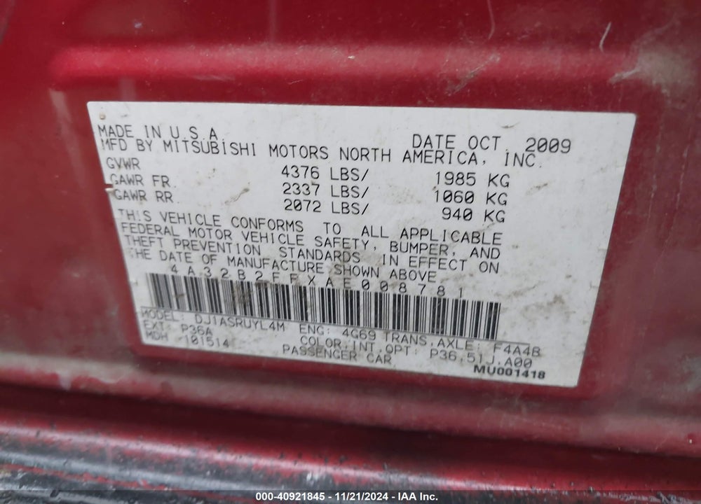 2010 MITSUBISHI GALANT FE VIN: 4A32B2FFXAE008781