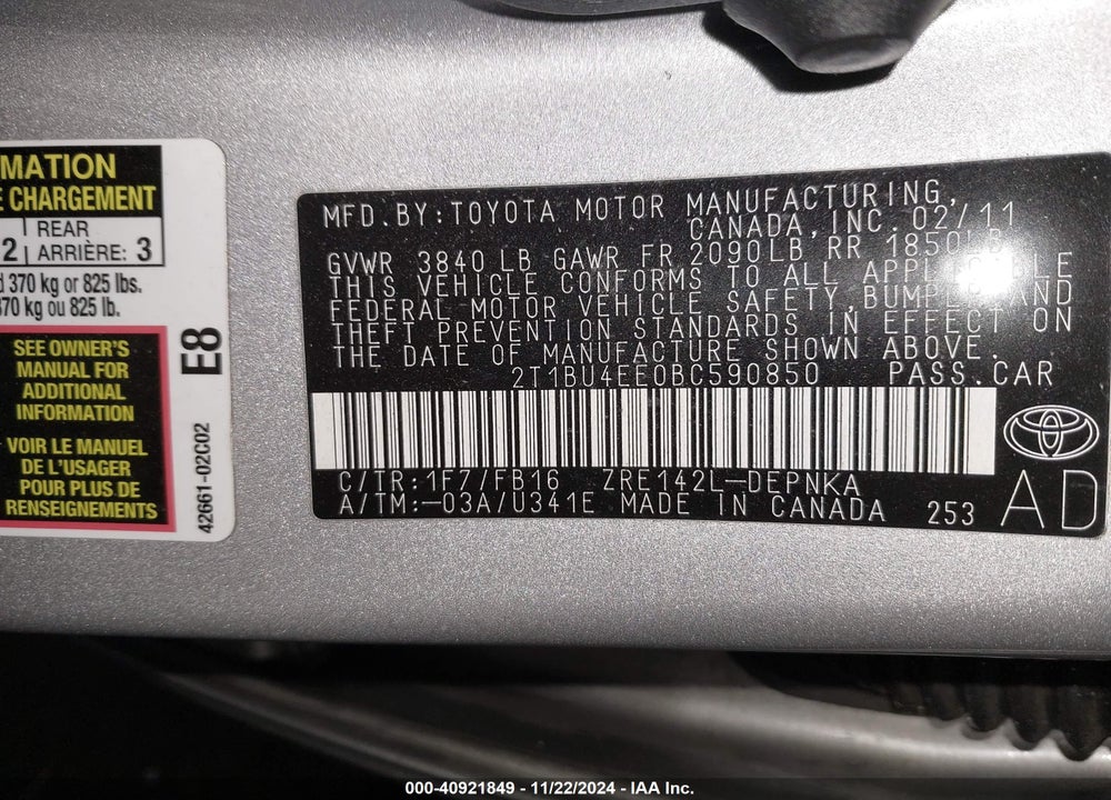 2011 TOYOTA COROLLA LE VIN: 2T1BU4EE0BC590850