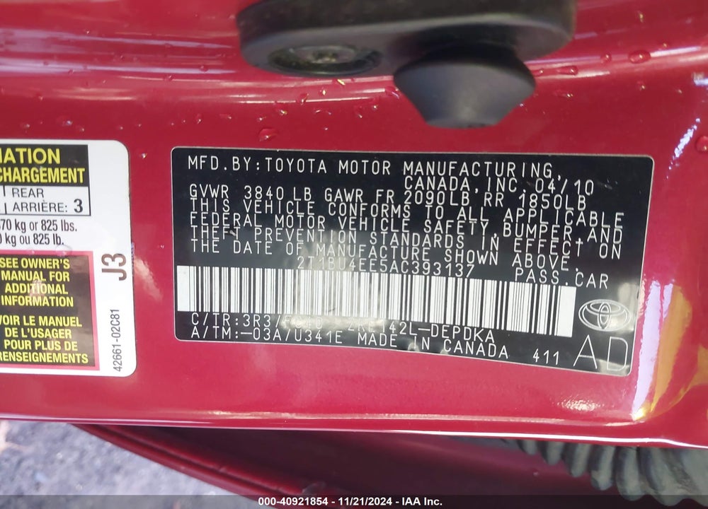 2010 TOYOTA COROLLA LE VIN: 2T1BU4EE5AC393137