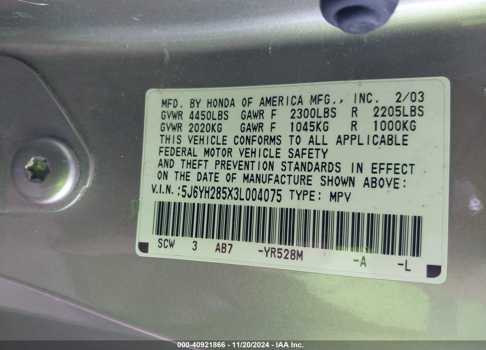 2003 HONDA ELEMENT EX VIN: 5J6YH285X3L004075
