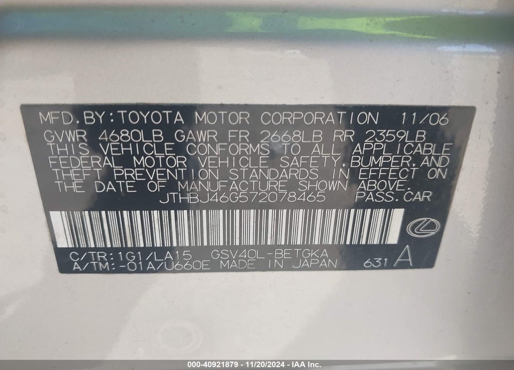 2007 LEXUS ES 350 VIN: JTHBJ46G572078465