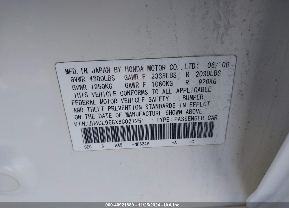 2006 ACURA TSX VIN: JH4CL968X6C027251