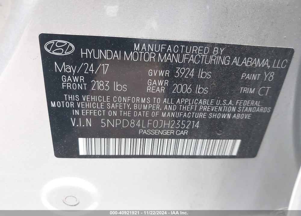 2018 HYUNDAI ELANTRA VIN: 5NPD84LF0JH235214