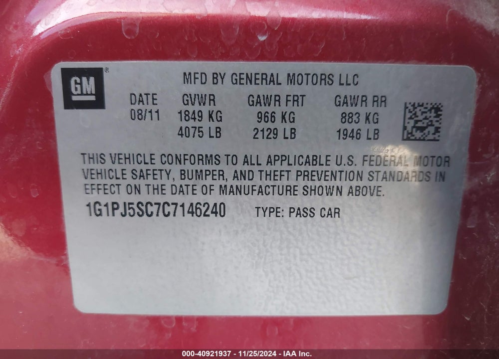 2012 CHEVROLET CRUZE ECO VIN: 1G1PJ5SC7C7146240