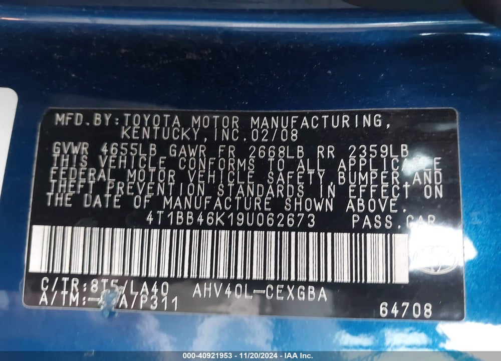 2009 TOYOTA CAMRY HYBRID VIN: 4T1BB46K19U062673