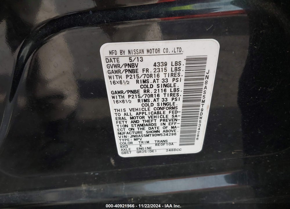 2013 NISSAN ROGUE S VIN: JN8AS5MT9DW534296