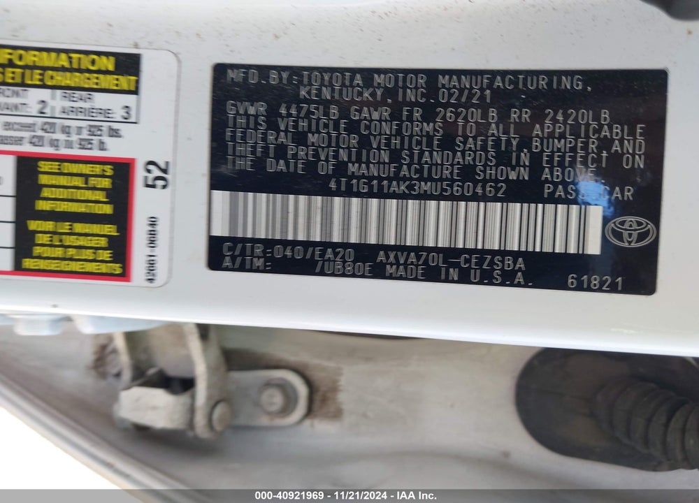2021 TOYOTA CAMRY SE VIN: 4T1G11AK3MU560462
