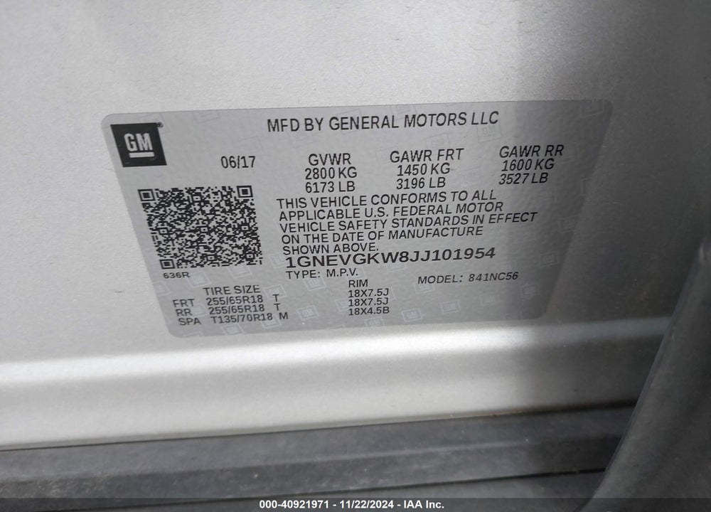 2018 CHEVROLET TRAVERSE 1LT VIN: 1GNEVGKW8JJ101954