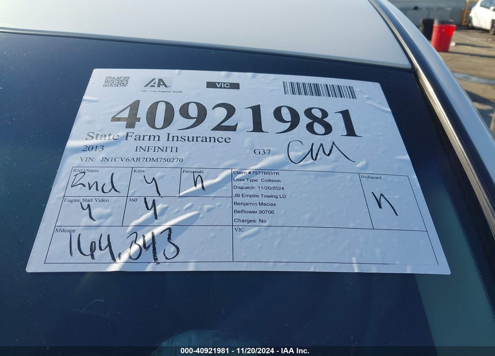 2013 INFINITI G37X VIN: JN1CV6AR7DM750270