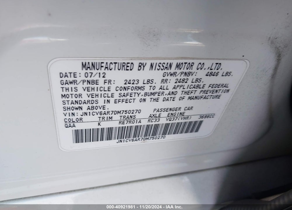 2013 INFINITI G37X VIN: JN1CV6AR7DM750270
