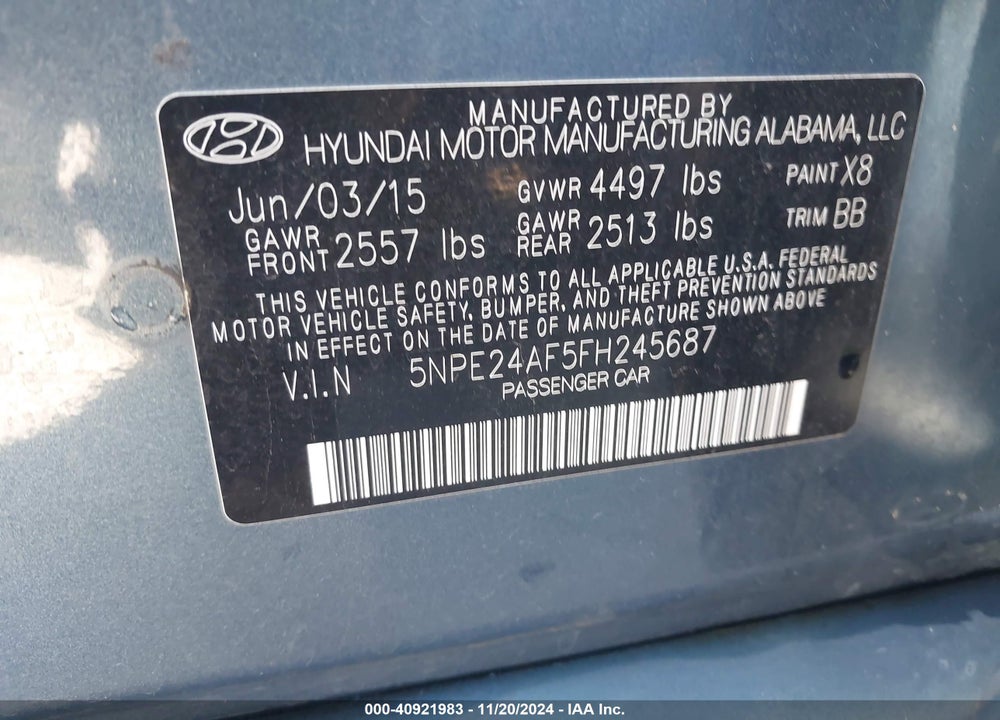 2015 HYUNDAI SONATA SE VIN: 5NPE24AF5FH245687