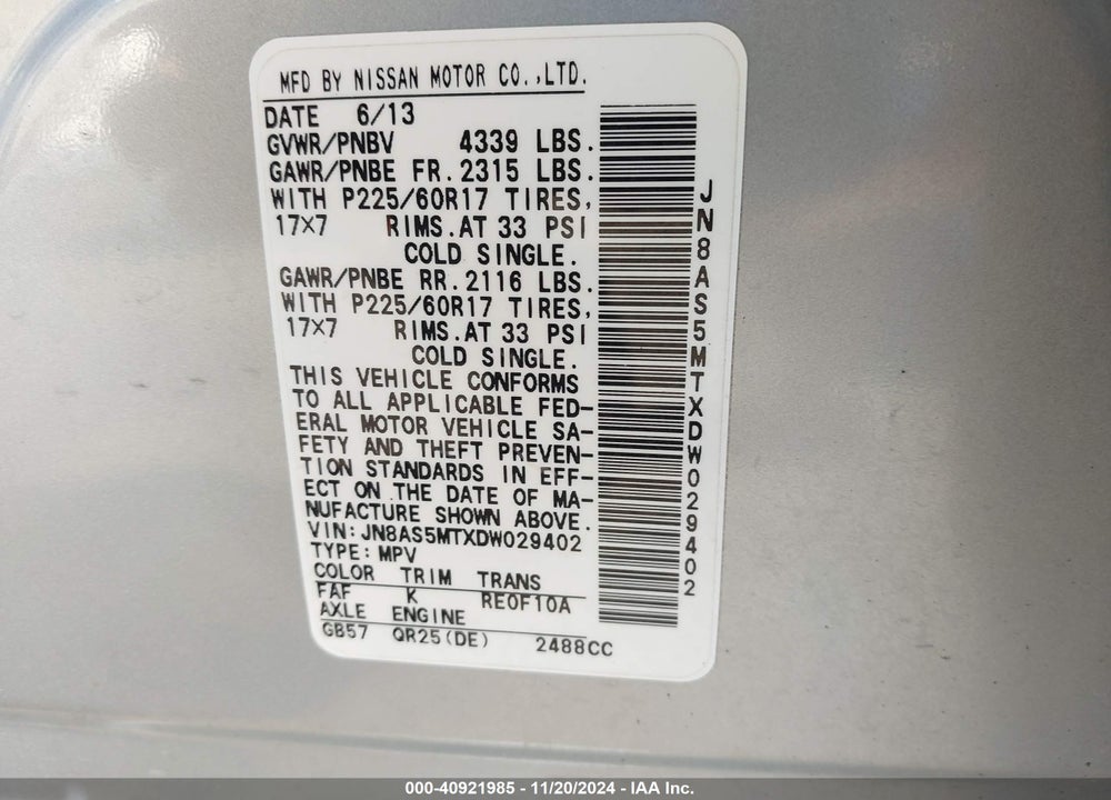 2013 NISSAN ROGUE SV VIN: JN8AS5MTXDW029402