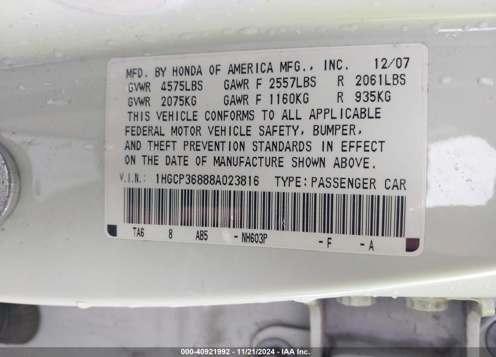 2008 HONDA ACCORD VIN: 1HGCP36888A023816