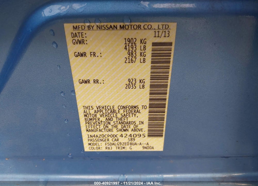 2013 NISSAN LEAF SL VIN: 1N4AZ0CP0DC424095