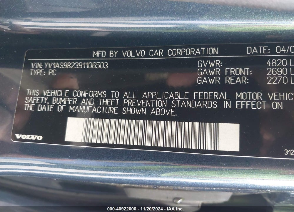 2009 VOLVO S80 3.2 VIN: YV1AS982391106503
