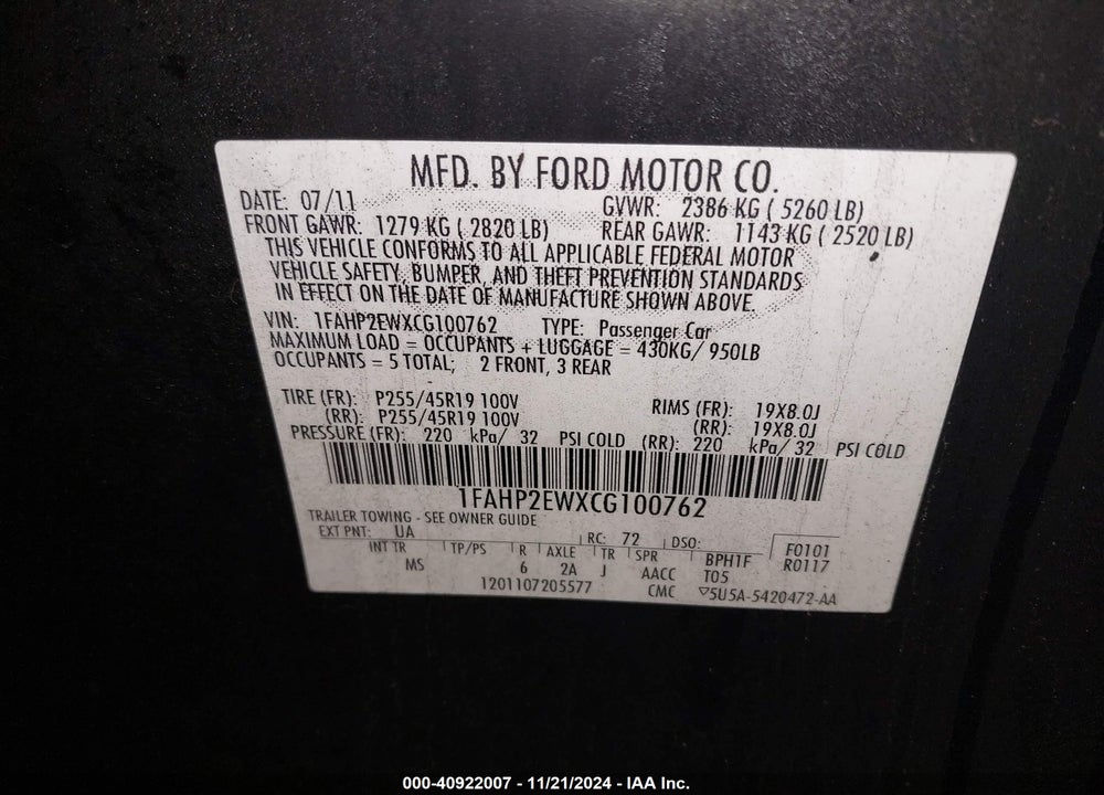 2012 FORD TAURUS SEL VIN: 1FAHP2EWXCG100762