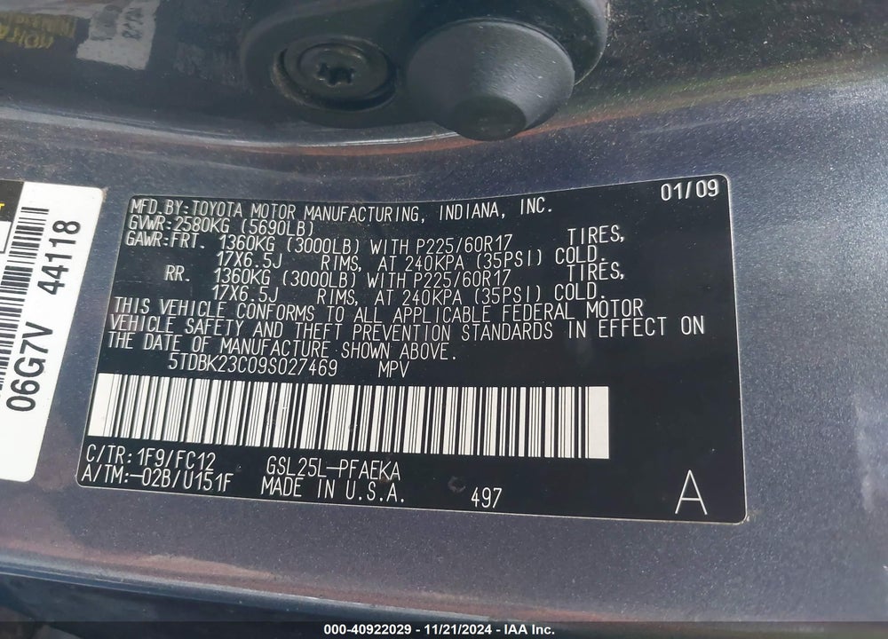 2009 TOYOTA SIENNA LE VIN: 5TDBK23C09S027469