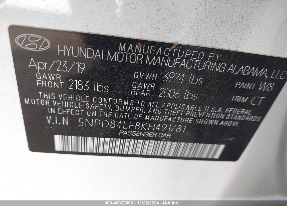 2019 HYUNDAI ELANTRA SEL VIN: 5NPD84LF8KH491781