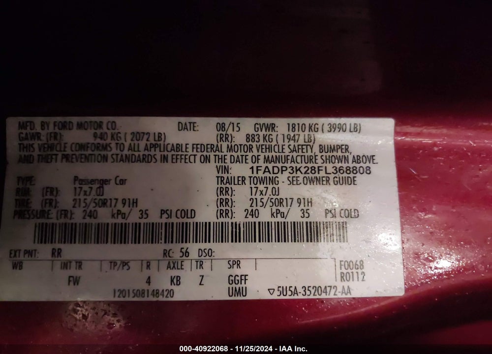 2015 FORD FOCUS VIN: 1FADP3K28FL368808