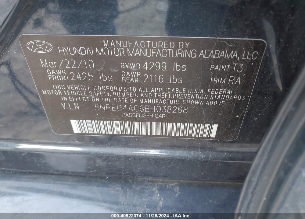 2011 HYUNDAI SONATA LIMITED VIN: 5NPEC4AC6BH038268