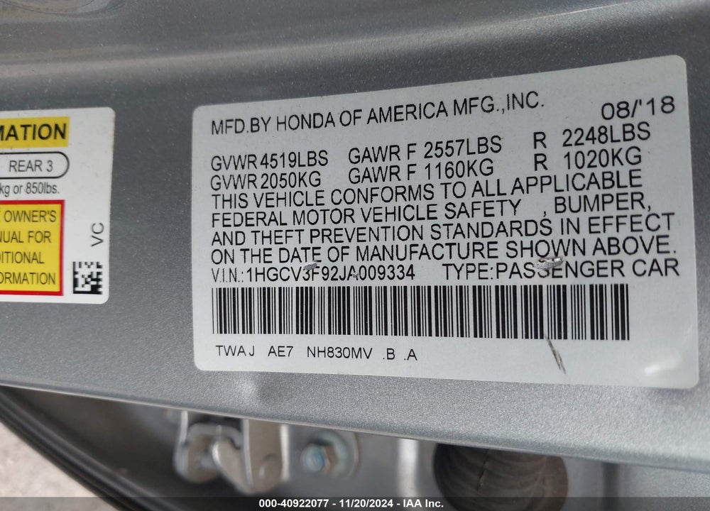 2018 HONDA ACCORD HYBRID TOURING VIN: 1HGCV3F92JA009334