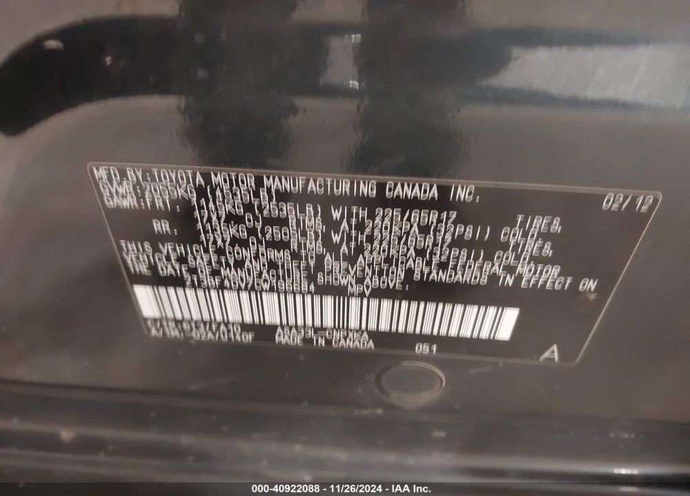 2012 TOYOTA RAV4 VIN: 2T3BF4DV7CW196684