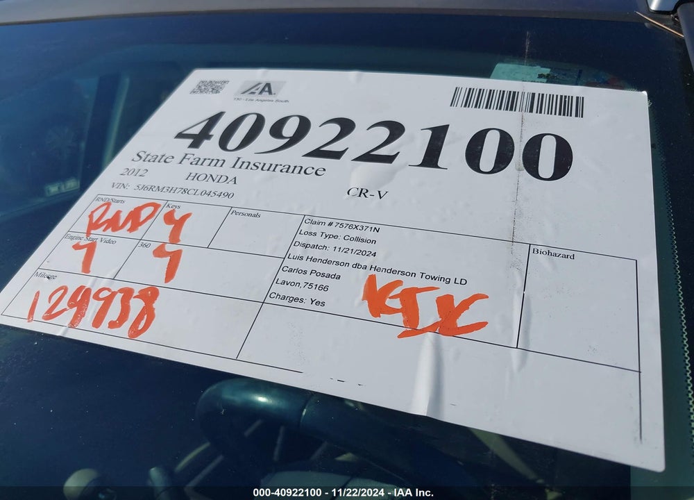 2012 HONDA CR-V EX-L VIN: 5J6RM3H78CL045490