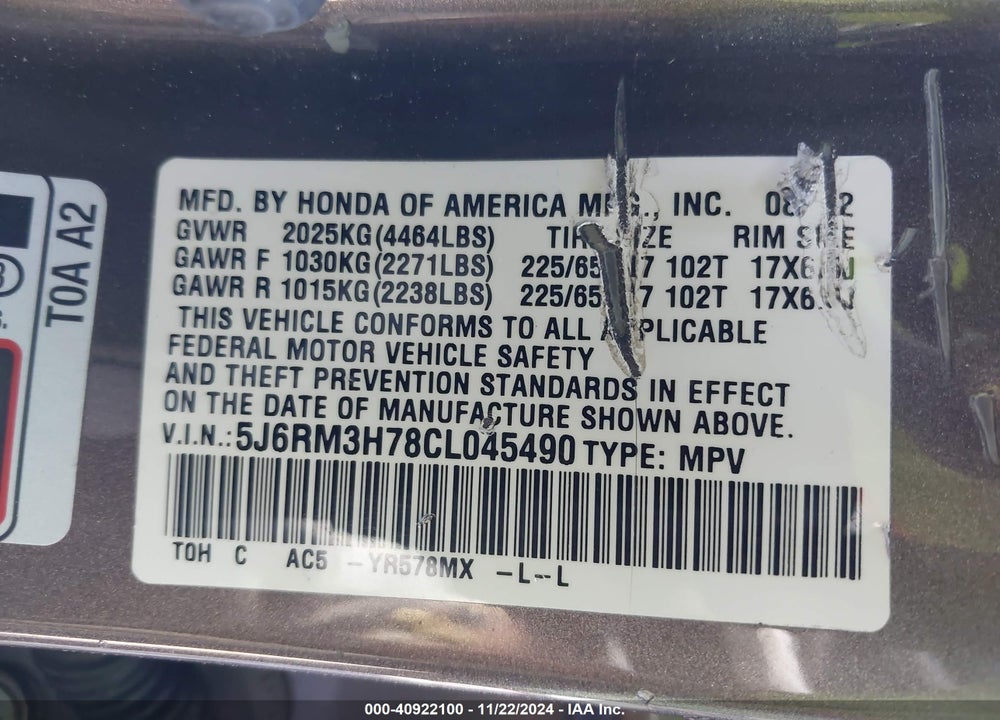 2012 HONDA CR-V EX-L VIN: 5J6RM3H78CL045490