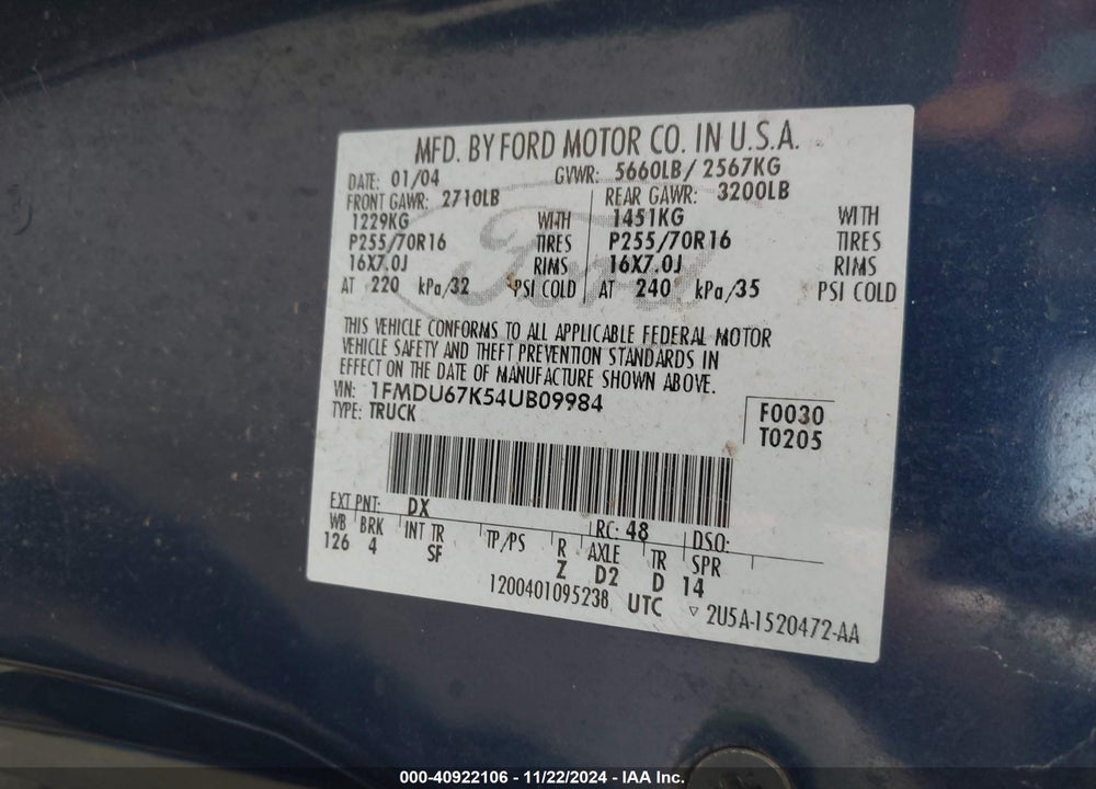2004 FORD EXPLORER SPORT TRAC ADRENALIN/XLS/XLT VIN: 1FMDU67K54UB09984