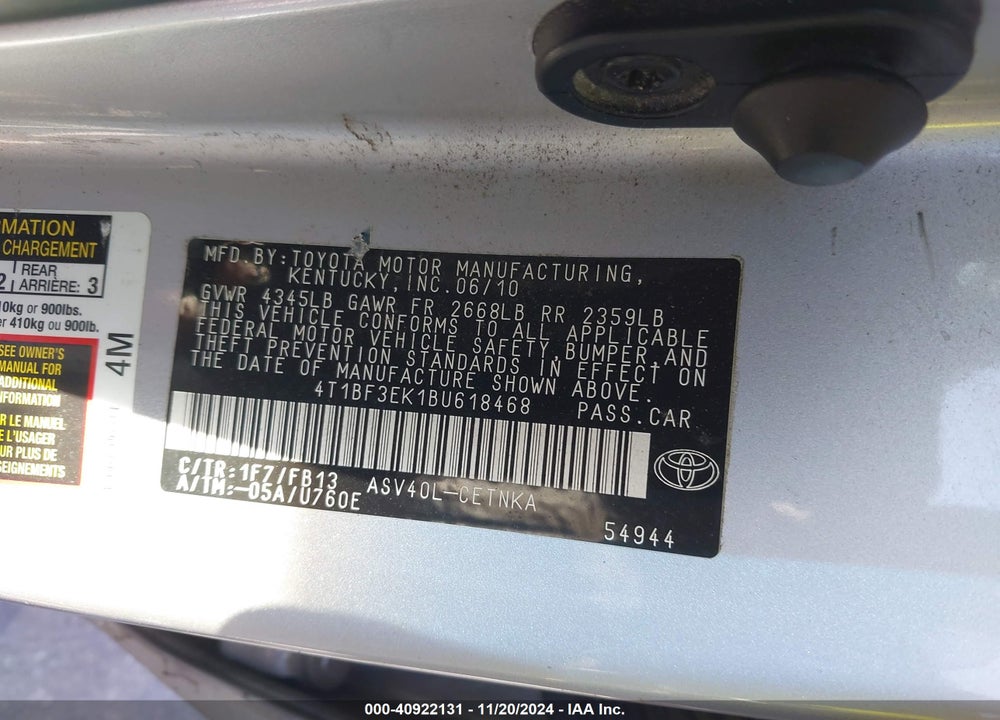2011 TOYOTA CAMRY LE VIN: 4T1BF3EK1BU618468