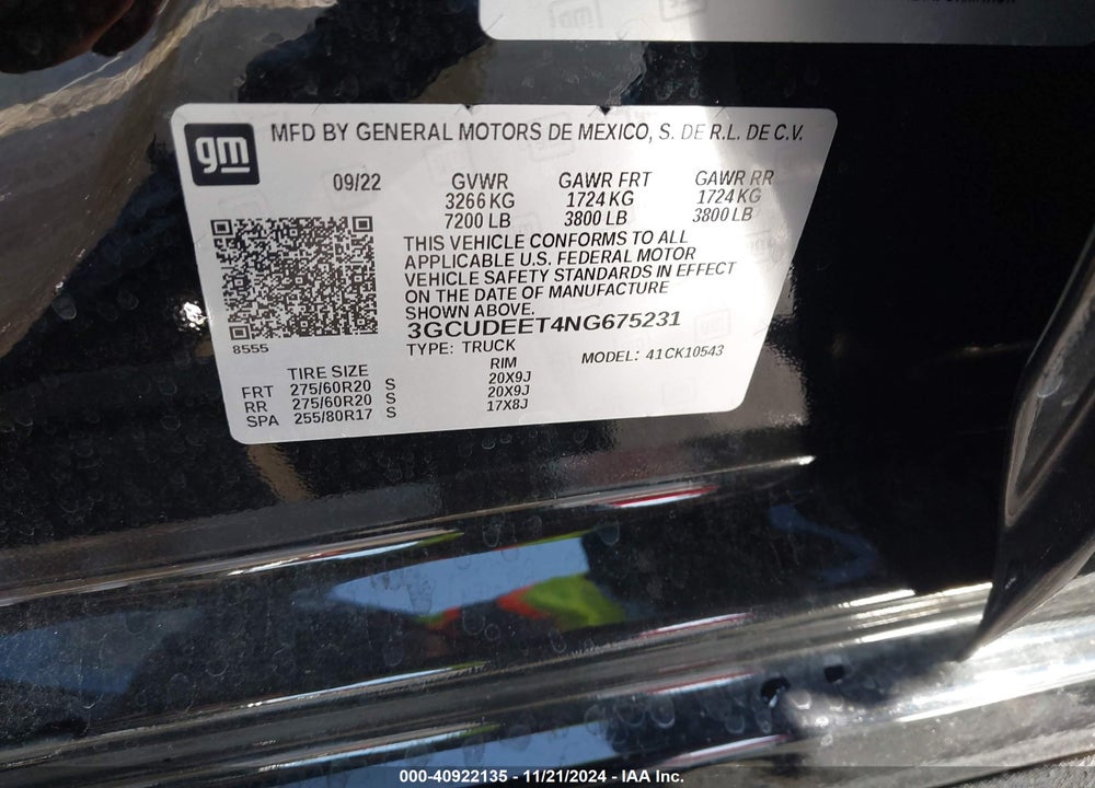 2022 CHEVROLET SILVERADO VIN: 3GCUDEET4NG675231