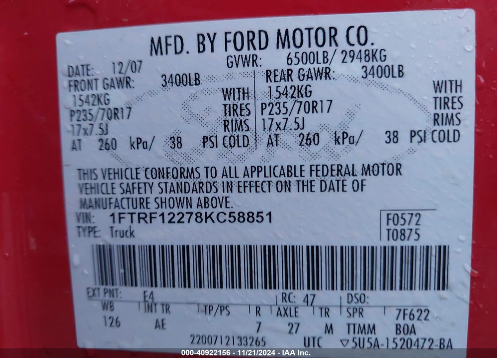 2008 FORD F-150 STX/XL/XLT VIN: 1FTRF12278KC58851