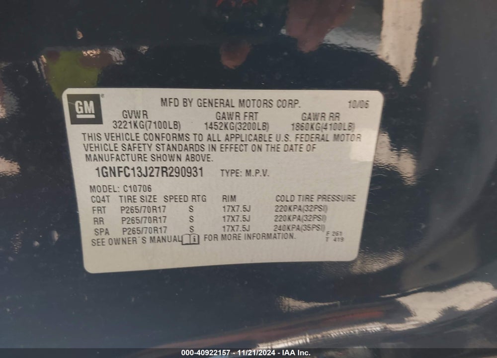 2007 CHEVROLET TAHOE LT VIN: 1GNFC13J27R290931