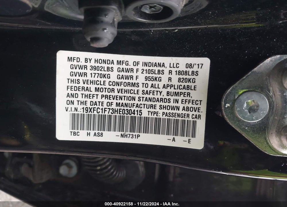2017 HONDA CIVIC EX-L VIN: 19XFC1F73HE030415
