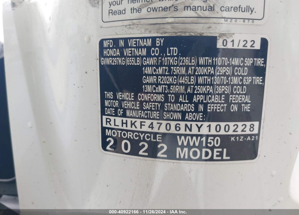 2022 HONDA WW150 VIN: RLHKF4706NY100228