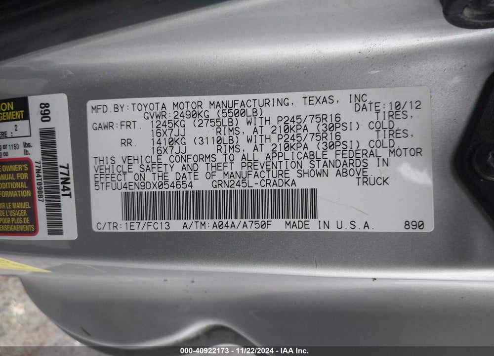 2013 TOYOTA TACOMA VIN: 5TFUU4EN9DX054654