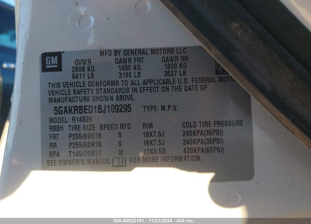 2011 BUICK ENCLAVE 1XL VIN: 5GAKRBED1BJ109295