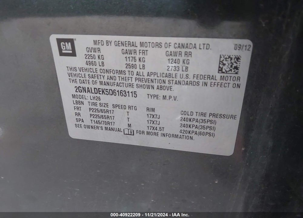 2013 CHEVROLET EQUINOX 1LT VIN: 2GNALDEK5D6163115