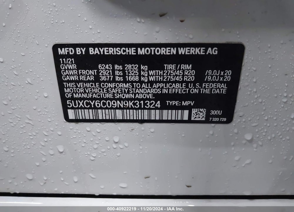 2022 BMW X6 XDRIVE40I VIN: 5UXCY6C09N9K31324