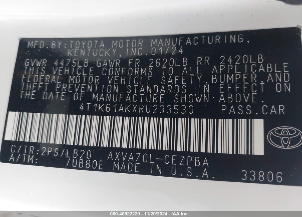 2024 TOYOTA CAMRY XSE VIN: 4T1K61AKXRU233530