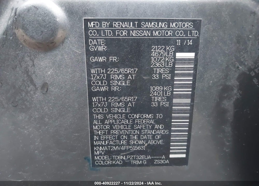 2015 NISSAN ROGUE S VIN: KNMAT2MV4FP515631