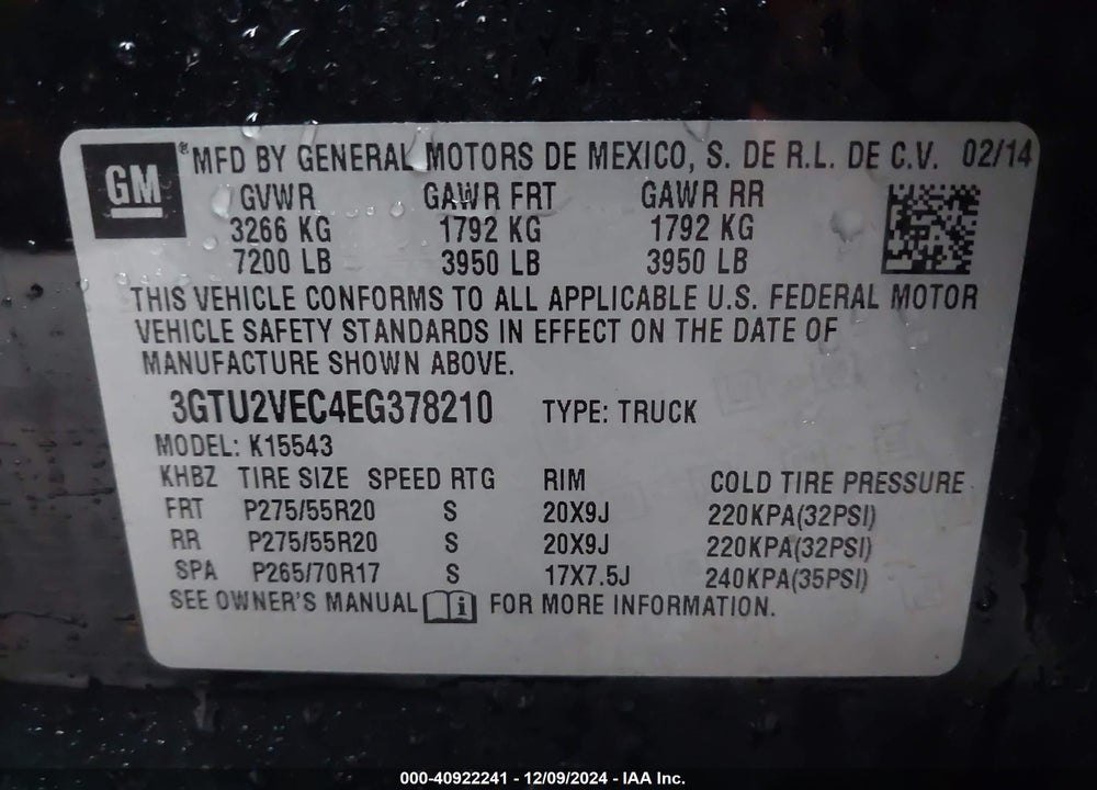 2014 GMC SIERRA 1500 VIN: 3GTU2VEC4EG378210