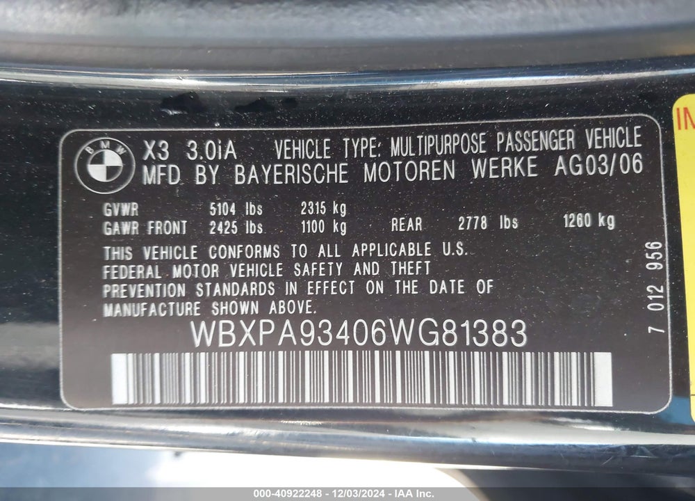 2006 BMW X3 3.0I VIN: WBXPA93406WG81383