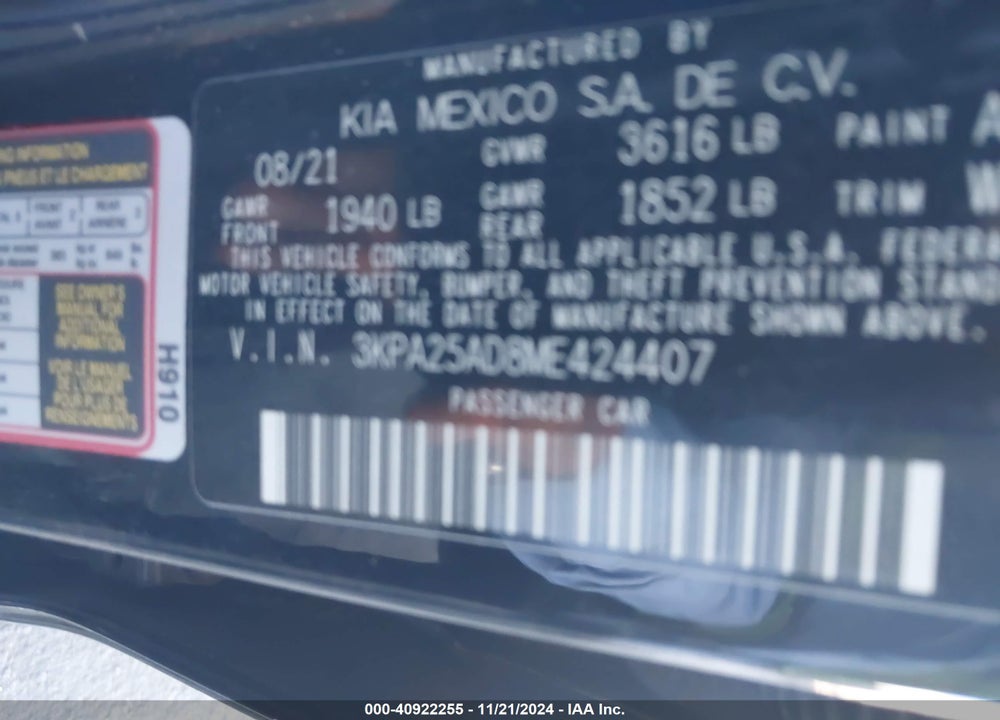 2021 KIA RIO 5-DOOR S VIN: 3KPA25AD8ME424407