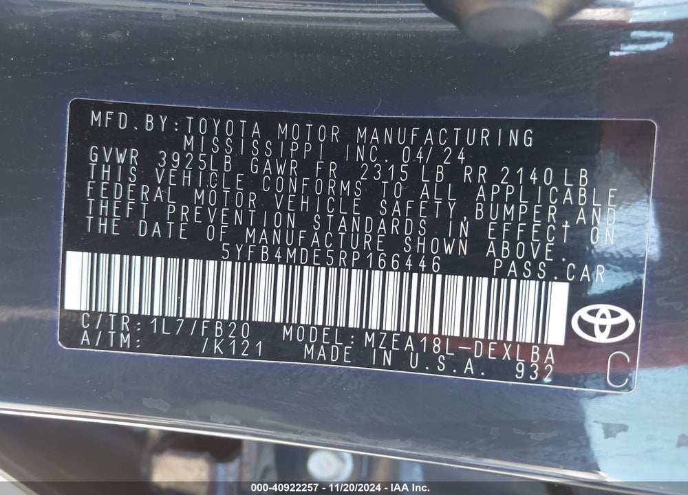 2024 TOYOTA COROLLA LE VIN: 5YFB4MDE5RP166446