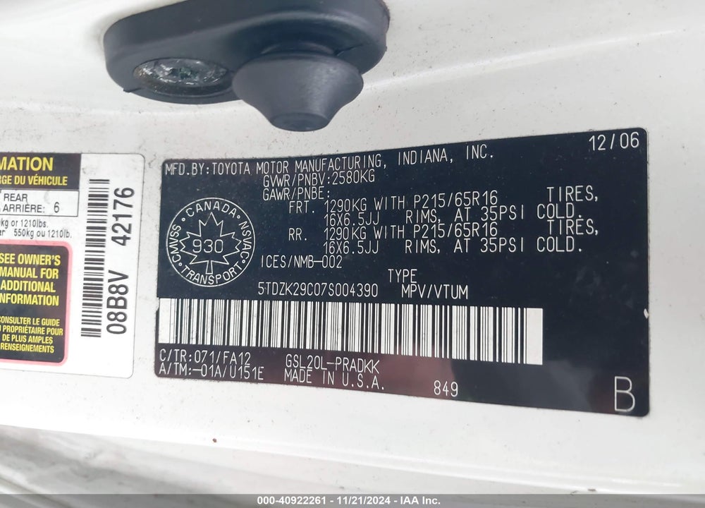 2007 TOYOTA SIENNA CE VIN: 5TDZK29C07S004390